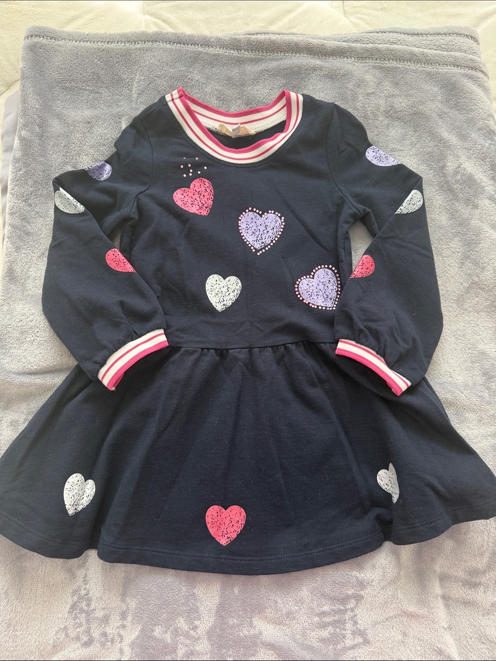 Girls Navy Heart Print Long Sleeve Skater Dress with Pink Trim